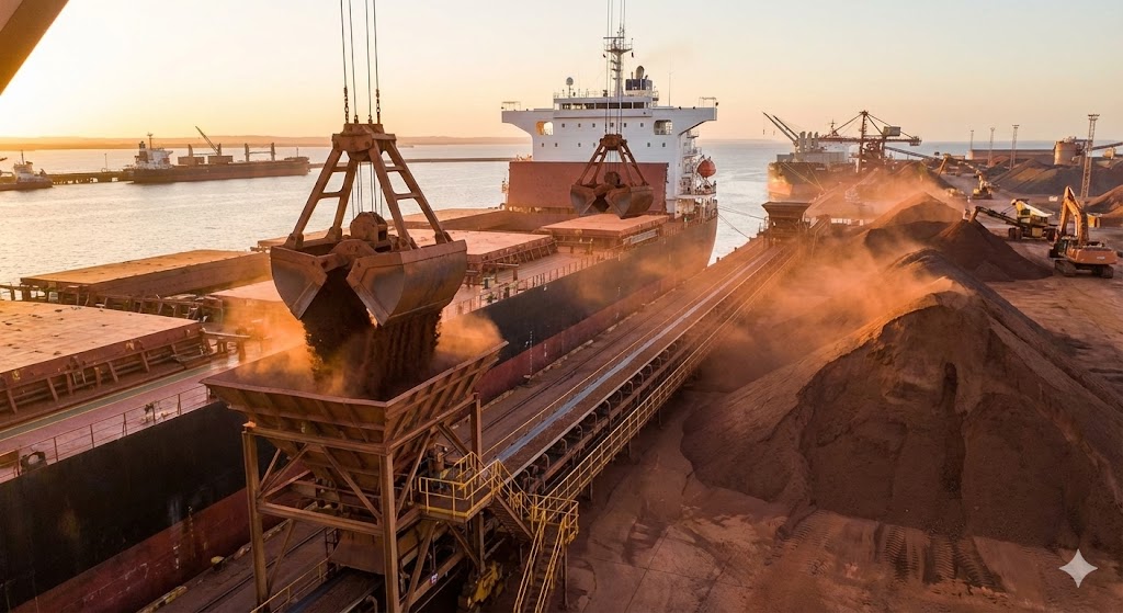 Pilhas de minério e metais em porto